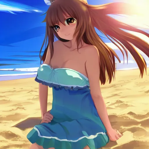 Prompt: smug anime girl at a beach, full body portrait, extremely detailed, pretty, sunny, sparkling sand, waves, lush, cinematic lighting, anime,