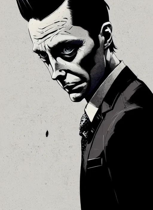 Image similar to highly detailed closeup portrait of sinister martin wallstrom, tyrell wellick, slick back hair wearing suit by atey ghailan, by greg rutkowski, by greg tocchini, by james gilleard, by joe fenton, by kaethe butcher, gradient blue, black and white only color scheme, grunge aesthetic!!! ( ( graffiti tag wall background ) )