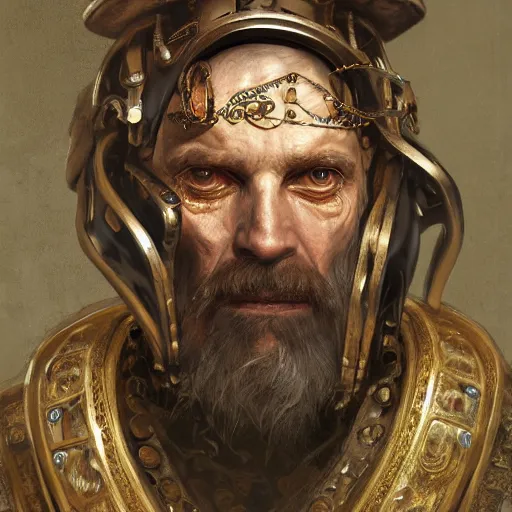 Image similar to portrait, headshot, digital painting, of a old 17th century, old cyborg merchant, amber jewels, baroque, ornate clothing, scifi, realistic, hyperdetailed, chiaroscuro, concept art, art by Franz Hals and Jon Foster