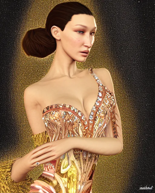 Image similar to a highly detailed metahuman 8 k close up render of bella hadid as a ballerina in gustav klimt style in diamonds crystals swarovski and jewelry on artstation made in unreal engine 4