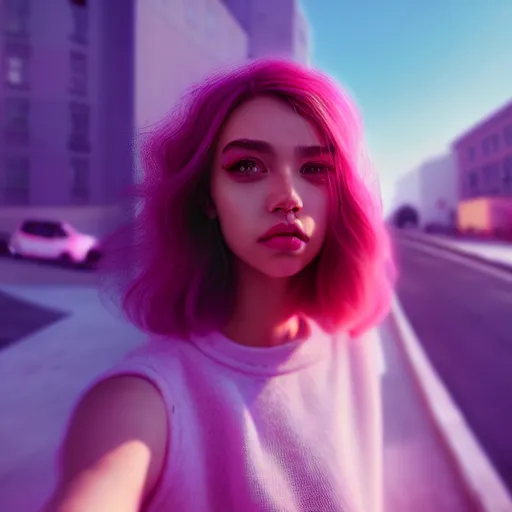 Image similar to selfie of a young woman, winged eyeliner, pastel clothing, urban environment, depth of field, octane render, digital painting, trending on artstation