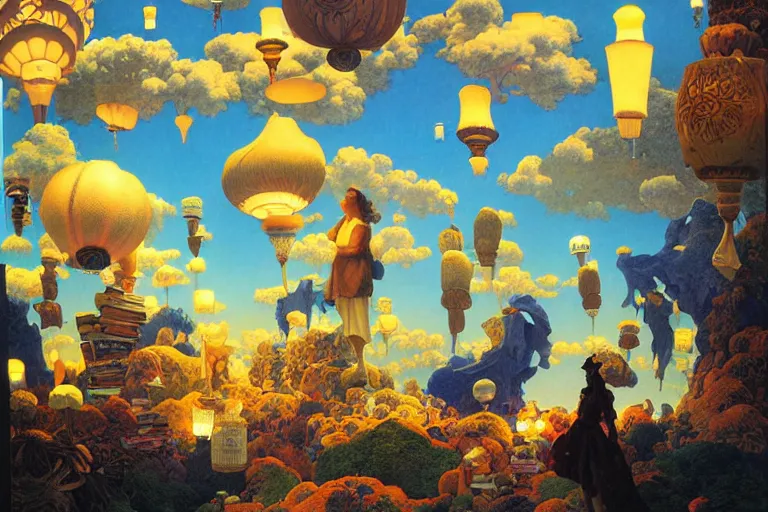 Image similar to a surreal fantasy landscape made of giant books, lanterns, papers, quills and ink bottles, digital painting by maxfield parrish and michael whelan, photorealistic