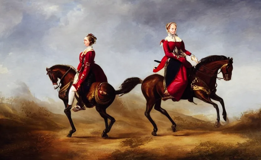Image similar to woman in napoleonic dress standing on a galloping horse on a battlefield