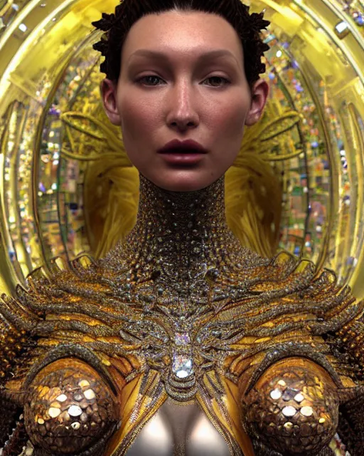 Image similar to a highly detailed metahuman 4 k close up render of an alien goddess bella hadid monument persephone in iris van herpen dress schiaparelli in diamonds crystals swarovski and jewelry iridescent in style of alphonse mucha gustav klimt trending on artstation made in unreal engine 4