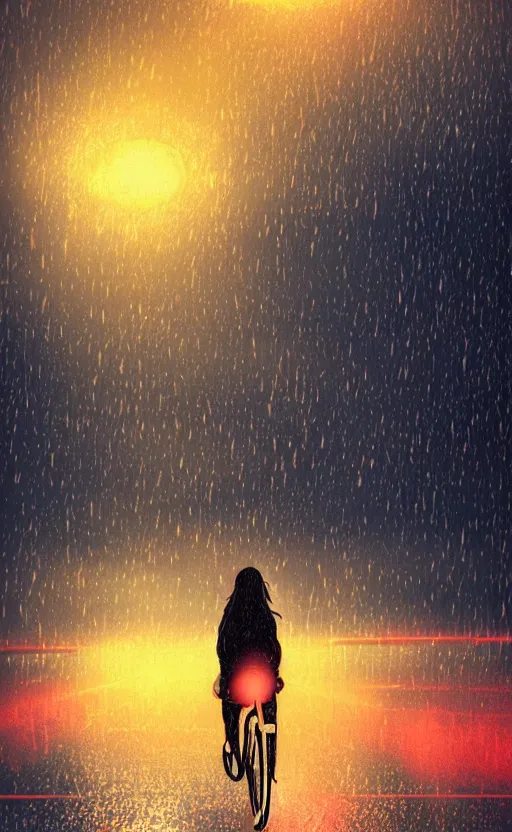 Image similar to a beautiful illustration of a woman riding a bicycle in a rainy night, fiery particles, anime aesthetic, midnight theme, depth of field, bokeh, composition study, featured on artstation, by ilya kuvshinov, vertical orientation