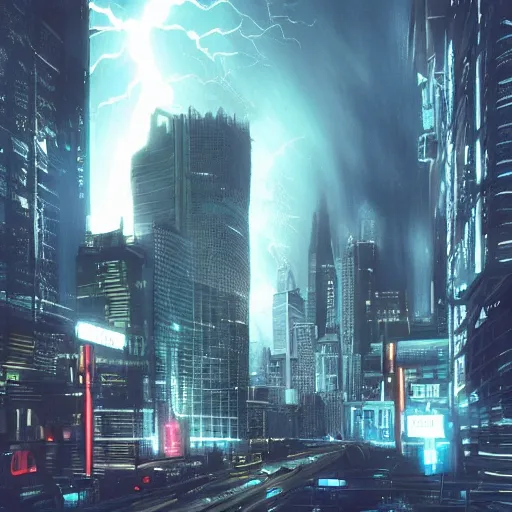 Image similar to cityscape during a lightning storm, futuristic, 8k, ray tracing, volumetric lighting, james verbicky, professional, concept art, artstation hd, trending on social media,