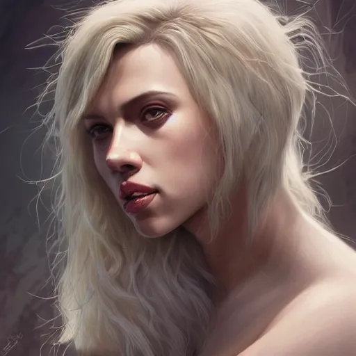 Image similar to detailed portrait of scarlett johansson as a cute werewolf monster girl, beautiful, fantasy, intricate, elegant, highly detailed, digital painting, artstation, concept art, matte, sharp focus, illustration, art by aenaluck, artgerm and roberto ferri and greg rutkowski, epic fantasy, digital painting