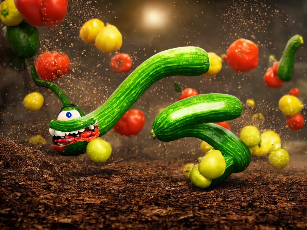 Image similar to detailed 3 d render of a raging zucchini character with peeler tool running on dirt road, scared tomates scattered everywhere, high speed action, explosions, dramatic scene, hyper realistic octane render, cinematic lighting, splatter, deviantart, black sky, lowbrow, frame from pixar movie