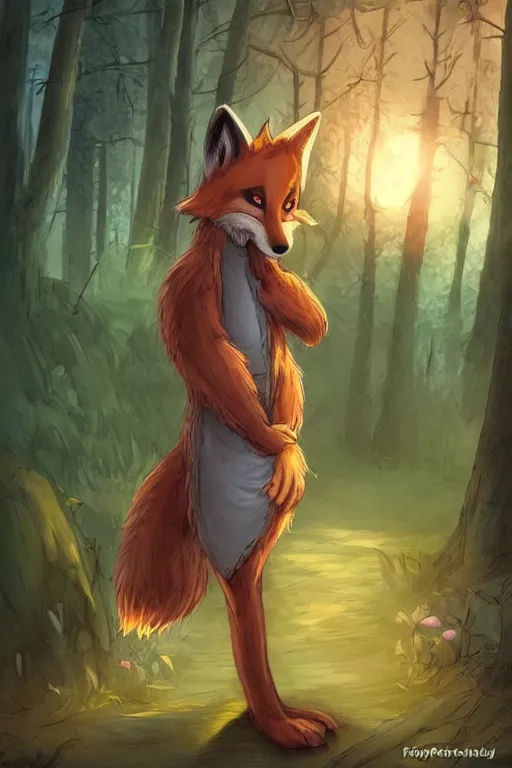 Image similar to a pretty medieval anthropomorphic fox with a fluffy tail in the forest, comic art, trending on furaffinity, cartoon, kawaii, backlighting, furry art!!!, warm shading, concept art, sunset