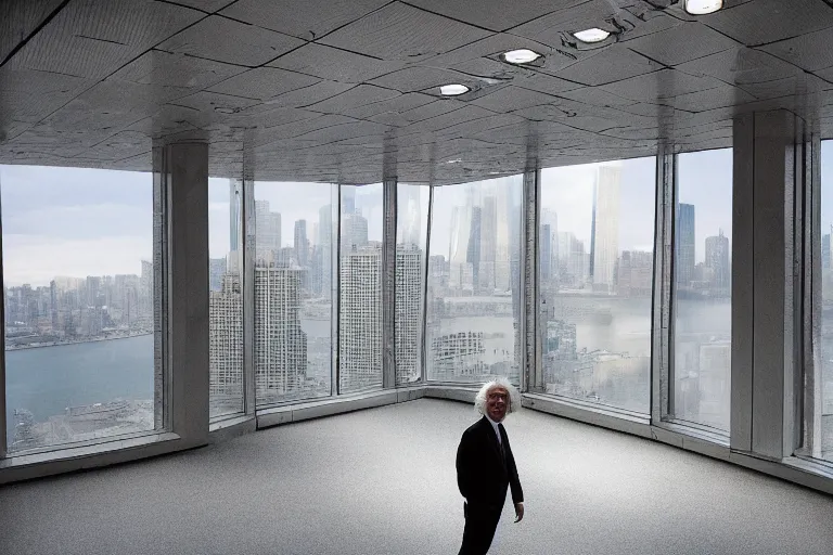 Image similar to 14mm Albert Einstein color portrait photo in World Trade Center complex, by Emmanuel Lubezki