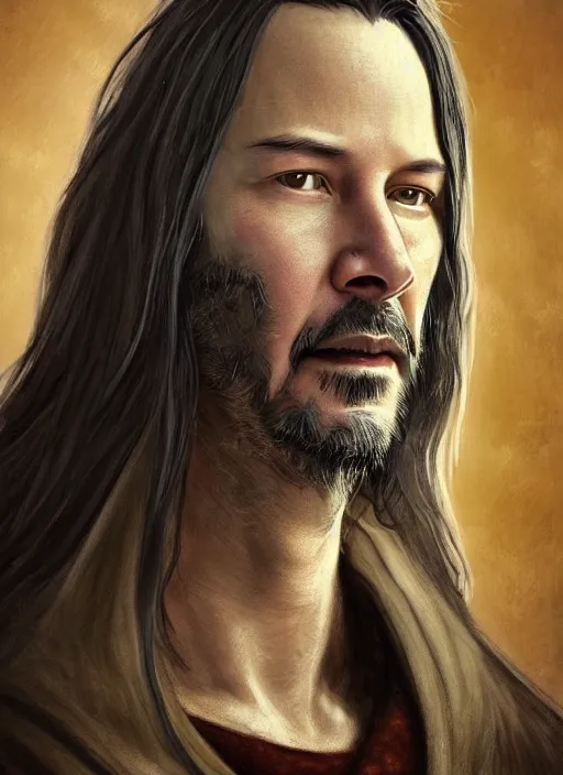 Image similar to Keanu Reeves, silver long hair, cloak, male, fantasy, extremely detailed, digital painting, artstation, concept art, smooth, sharp focus, illustration, stunning lighting, art by artgerm and greg rutkowski and alphonse mucha and simon stalenhag, realistic character concept, low fantasy, light atmosphere, golden ratio, cinematic lighting, hyperdetailed, high resolution, insanely detailed and intricate, artstation, Marc Simonetti, Greg Rutkowski, 8k