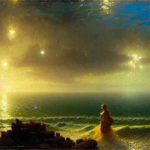 Image similar to point of view of botom of the ocean looking up, see fishes, the milk way, night time, midnight, no sunlight. highly detailed painting by gaston bussiere, greg rutkowski 8 k