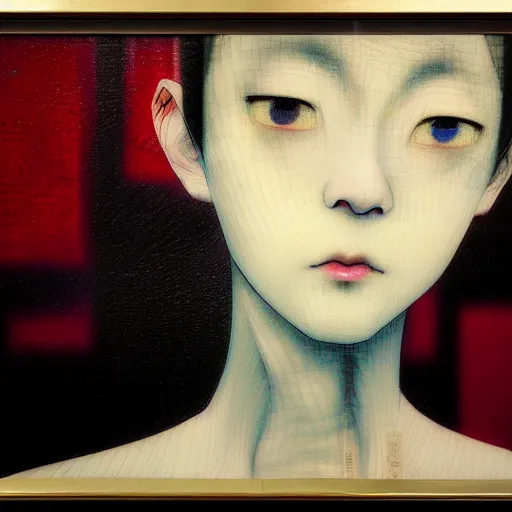 Image similar to yoshitaka amano blurred and dreamy realistic three quarter angle portrait of a young woman with short hair and black eyes wearing office suit with tie, junji ito abstract patterns in the background, satoshi kon anime, noisy film grain effect, highly detailed, renaissance oil painting, weird portrait angle, blurred lost edges