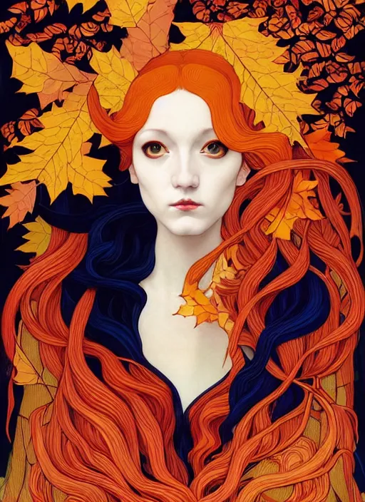 Image similar to 3 Autumn Muses symbolically representing September, October, and November, in a style blending Æon Flux, Peter Chung, Shepard Fairey, Botticelli, Ivan Bilibin, and John Singer Sargent, inspired by pre-raphaelite paintings, shoujo manga, and cool Japanese street fashion, dramatic autumn landscape, leaves falling, deep vivid warm tones, hyper detailed, super fine inking lines, ethereal and otherworldly, 4K extremely photorealistic, Arnold render