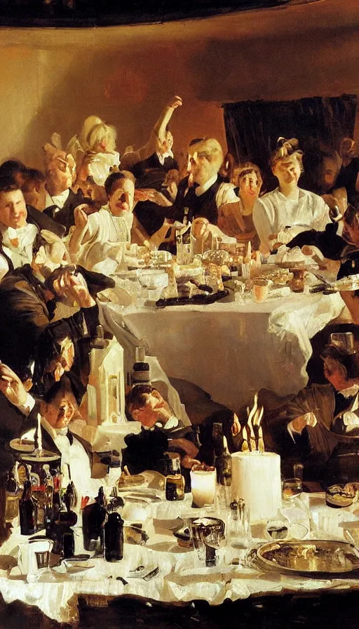Prompt: still life painting of nuke explosion ruining a birthday party, by Peder Krøyer, dramatic lighting, epic, gargantuan, intricate detail, canvas print