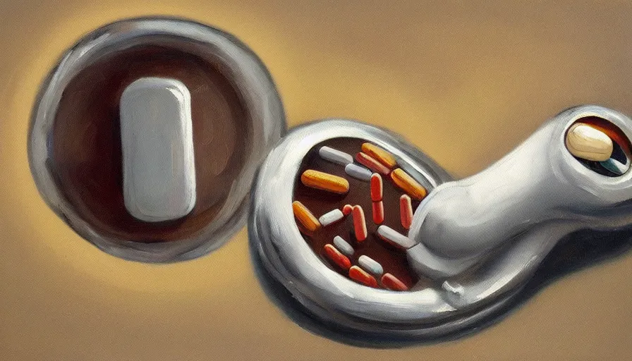 Prompt: an oil painting of an antibiotic pill running away from a pharmaceutical company representative, illustration