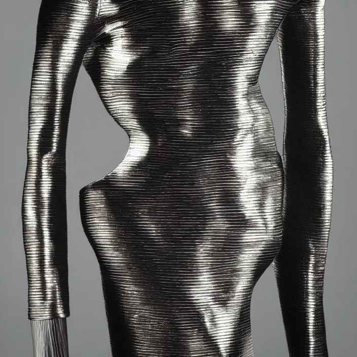 Image similar to metallic neoprene woman, feathered, nylon fashion, designed by corbusier, by alex grey, by santiago calatrava