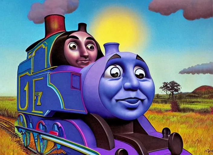 Image similar to psychedelic art of thomas the tank engine meeting god, in the style of michael whelan and james gurney and wayne barlowe