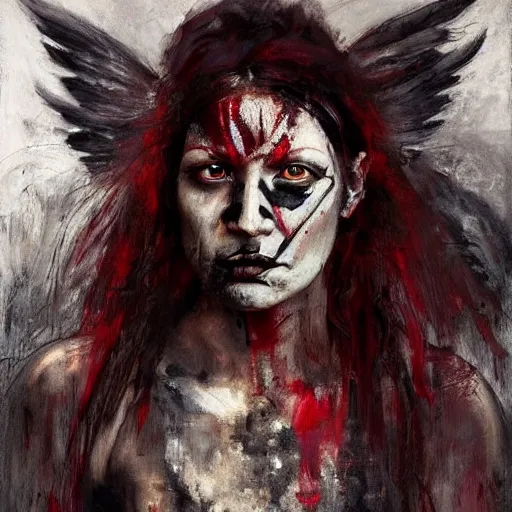 Prompt: portrait of the death angel, beautiful female face, angelic, dark, blood, by jeremy mann, by lucian freud, god rays, female indigenous warrior, warrior face painting red, wings, holding a weapon