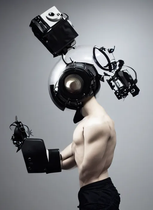 Prompt: Close upper body shot. Artistically angled subject. Professional studio portrait lighting. Technological fashion photography. Mechanical wearables designed by Ikeuchi Hiroto. Hydraulics. Reflective domes. Bulky wearables. Receiver Antennae.