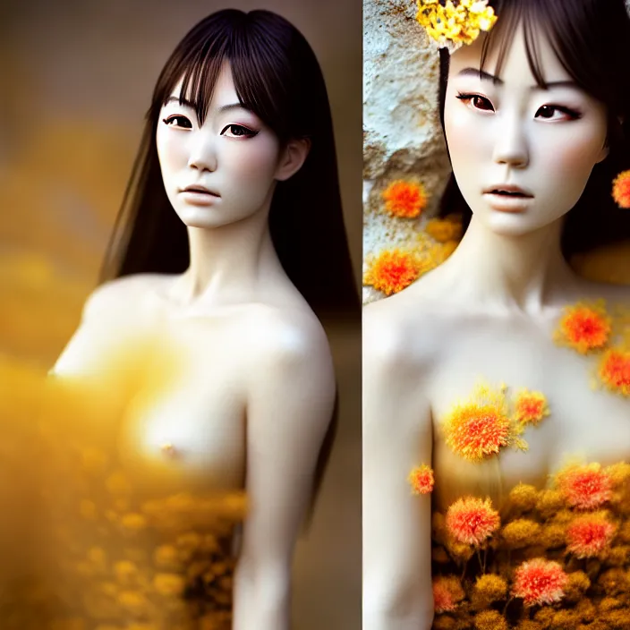 Image similar to Kodak Portra 400, 8K, soft light, volumetric lighting, highly detailed, Rena Nounen style 3/4 ,portrait photo of a Japanese ravishing Goddess by WLOP, the face emerges from a lava flowing gold travertine terraces with lotus flowers, inspired by Ophelia paint , a beautiful chic dress and hair are intricate with highly detailed realistic beautiful flowers , Realistic, Refined, Highly Detailed, ethereal lighting colors scheme, outdoor fine art photography, Hyper realistic, photo realistic, masterpiece