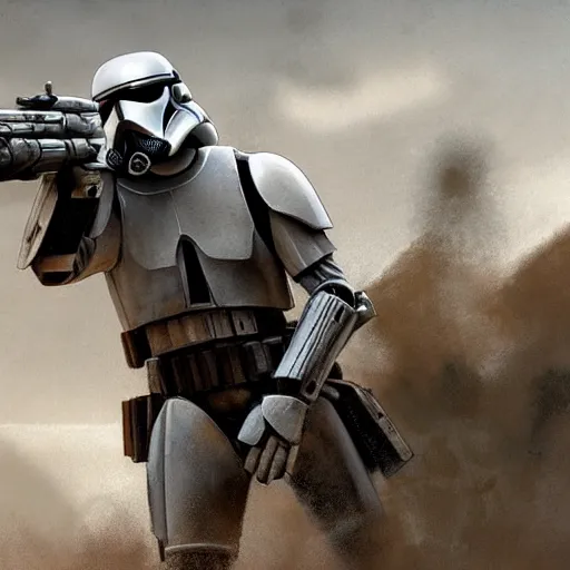 Image similar to an extremely long shot of an imperial stormtrooper in battle position ready to shoot his blaster concept art by Doug Chiang cinematic, realistic painting, high definition, very detailed, extremely high detail, photo realistic, concept art, the Mandalorian concept art style