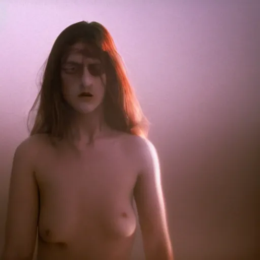 Image similar to The full body shot of beautiful pale woman with white flowers and full-face golden mask inside a thick black smoke in rocky desert landscape, glowing eyes everywhere, burning earth by Gaspar Noe and Christopher Doyle, anamorphic lens, anamorphic lens flares, kodakchrome, cinematic composition, practical effects, award winning photo, 8k,