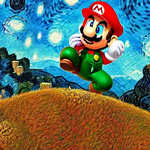 Prompt: highly detailed Super Mario on a hill under sky, by Van Gogh