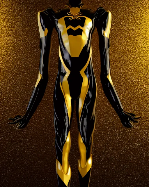 Image similar to photograph of a black and gold suit spider - man, dslr, cinematic, volumetric lighting, 8 k resolution, photorealistic, octane render, 3 d render