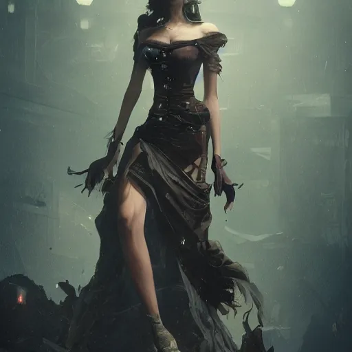 Image similar to a fancy photograph of an attractive women in a steampunk style half cut dress by greg rutkowski, sung choi, mitchell mohrhauser, maciej kuciara, johnson ting, maxim verehin, peter konig, 8 k photorealistic, cinematic lighting, hd, high details, dramatic, dark atmosphere, trending on artstation