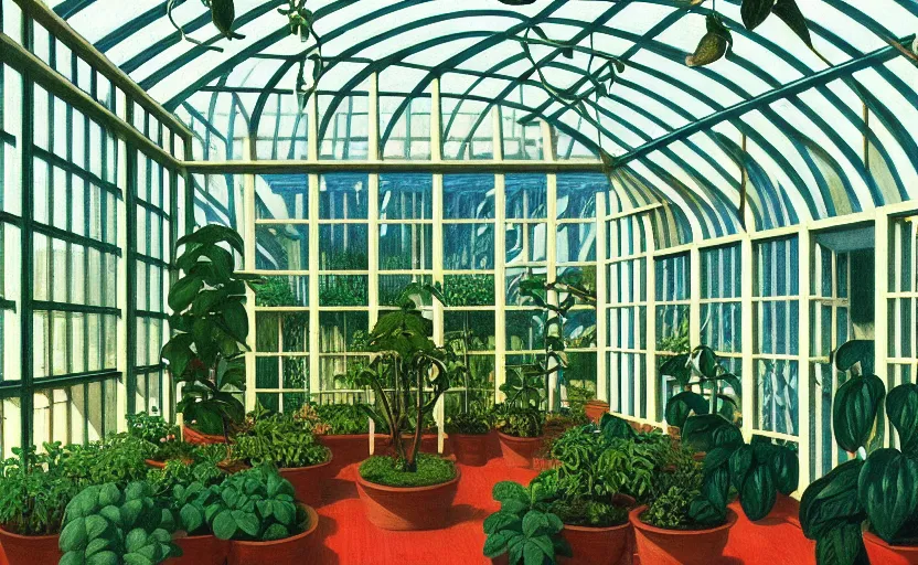 Prompt: an achingly beautiful print of the interior of a modern greenhouse, and one small potted plant by Raphael, Hopper, and Rene Magritte. detailed, romantic, enchanting, trending on artstation.