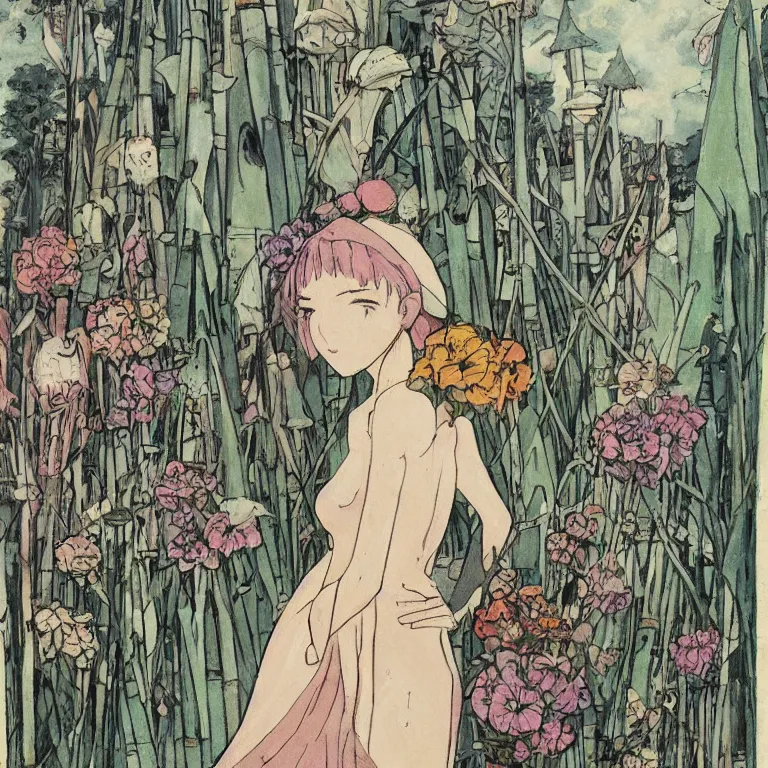 Prompt: young goddess peering from behind an enormous conical pile of skulls with huge flowers on tall stalks behind her, lush painting in the style of studio ghibli