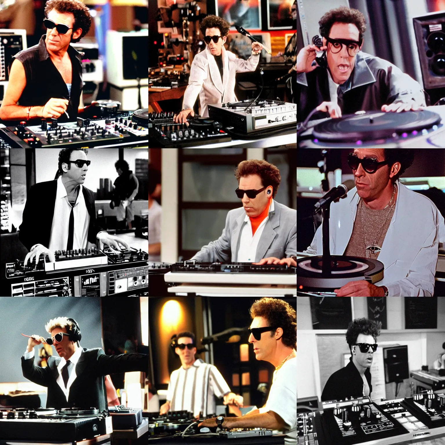 Prompt: seinfeld kramer wearing heaphones and sunglasses DJing with DJ turntables, photoreal