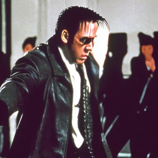 Image similar to Nicolas Cage playing Neo in The Matrix, film still, photo