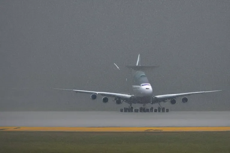 Prompt: a boeing 7 4 7 landing on a runway in heavy rain and wind, photo from a spectator, 8 k, natural lighting