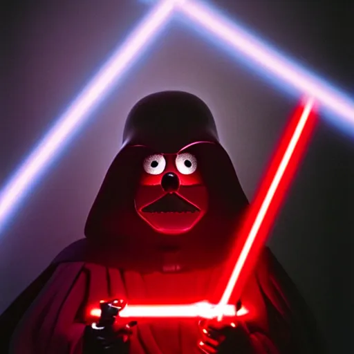 Image similar to Elmo as a dark lord of the sith weilding his red glowing light saber, studio portrait, mysterious lighting, 8K photograph