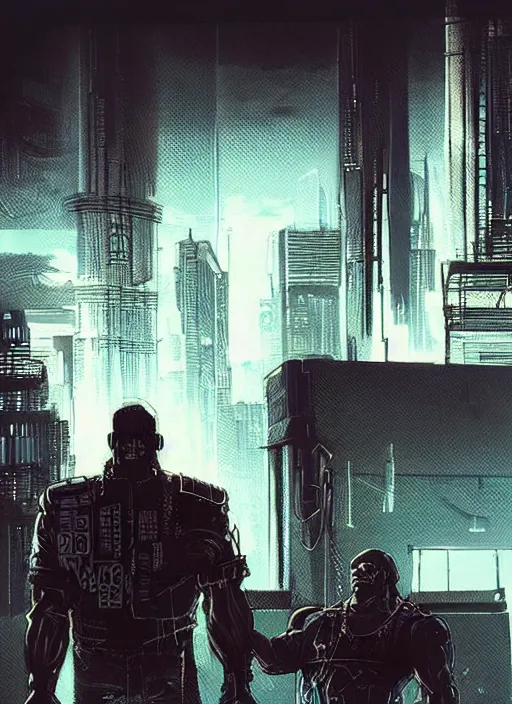 Image similar to Dumb Bubba. Buff cyberpunk meathead trying to intimidate. Large man looms. Realistic Proportions. Concept art by James Gurney and Laurie Greasley. Moody Industrial skyline. ArtstationHQ. Creative character design for cyberpunk 2077.