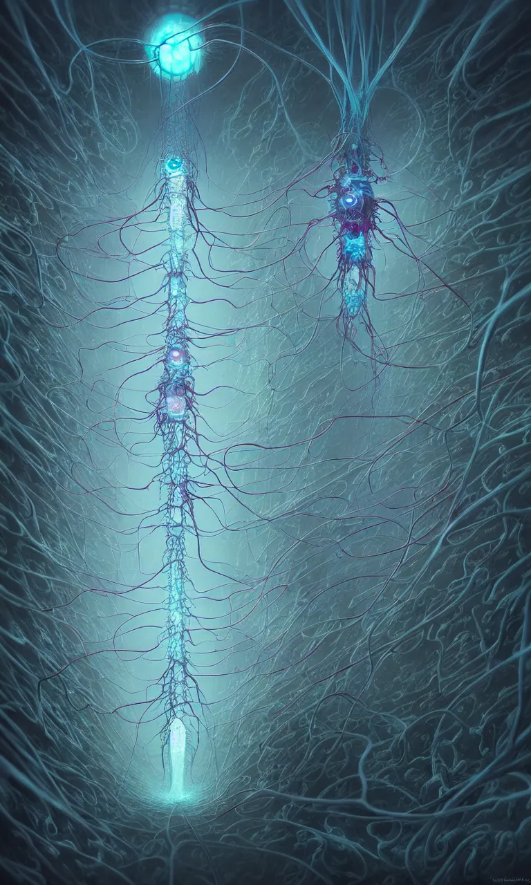 Image similar to internal lymphocyte virion rawandrendered synaptic fractality transmission embryonic beholder glial neurons cyberpunk nerve cells microscopic plankton by wojtekfus facey rossdraws. neuronal megacity neurone synapse by beksinski. # imaginativerealism