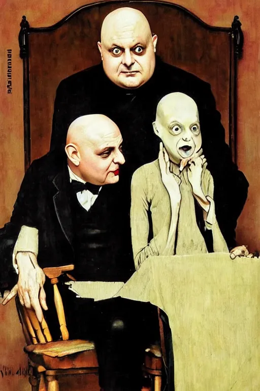 Prompt: uncle fester addams from the addams family painted by norman rockwell