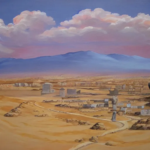 Prompt: painting of a city in a desert next to a gigantic geyser