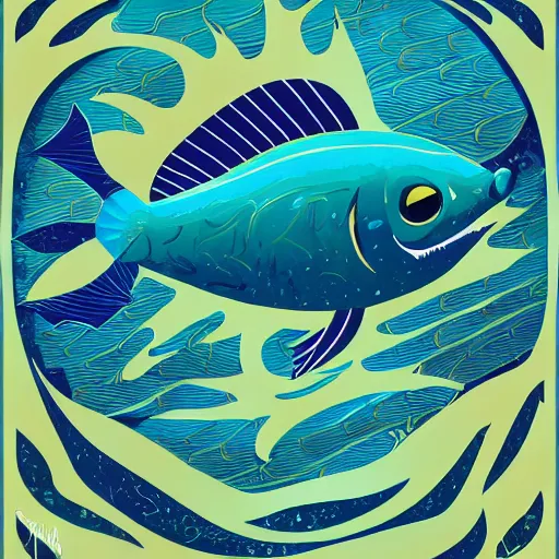 Prompt: one stylized fish in the ocean viewed in profile, seaweed, background with complex patterns, sparkles, artstation, intricate, realistic, highly detailed, digital painting, concept art, sharp focus, illustration by tom whalen and charles williams and kilian eng and james jean