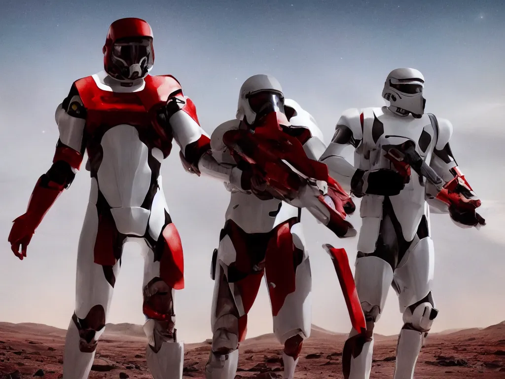 Image similar to gigachad space trooper in glossy sleek white armor with small red details, no helmet, long red cape, heroic posture, firing laser rifle, on the surface of mars, explosions in the background, night time, dramatic lighting, cinematic, sci-fi, hyperrealistic, movie still