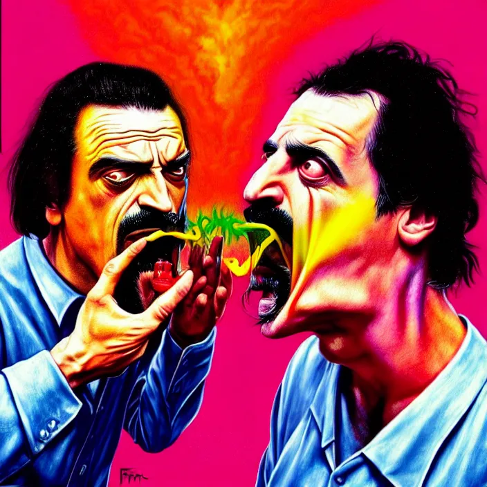 Image similar to bright psychedelic mike patton eating frank zappa who is puking hitler, puke, rotten, screaming, diffuse lighting, fantasy, intricate, elegant, highly detailed, lifelike, photorealistic, digital painting, artstation, illustration, concept art, smooth, sharp focus, art by francis bacon