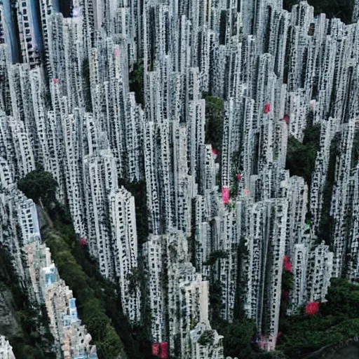 Prompt: ariel photo of a city made of mausoleums hong kong cemetery
