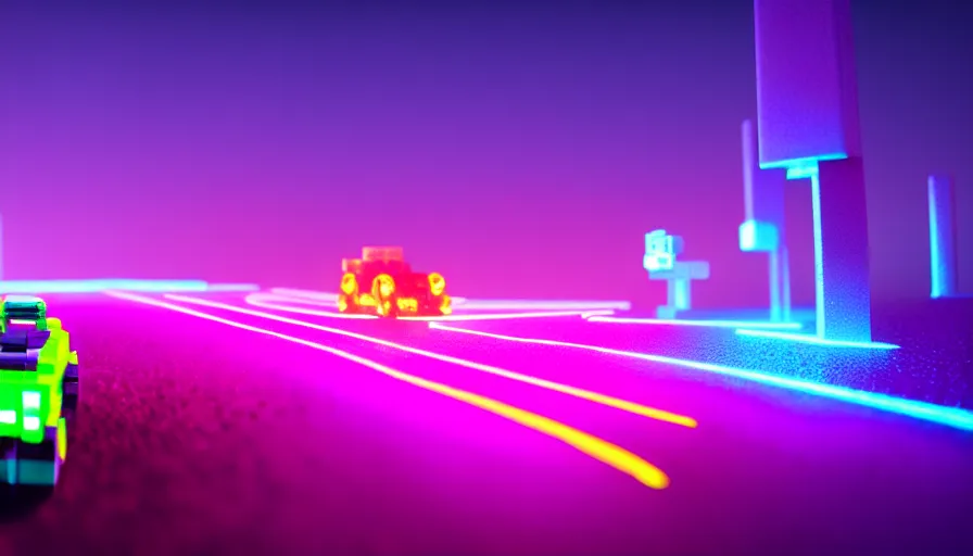 Image similar to luminescent lego car driving on a neon road into the distance with glowing cyberpunk signs leaving long glowing trails, dark magical forest, synthwave, octane render, purple fog, futuristic, sunset, purple rays, reflective mirror puddles, beautiful lighting, ultra realistic, highly detailed, 8 k