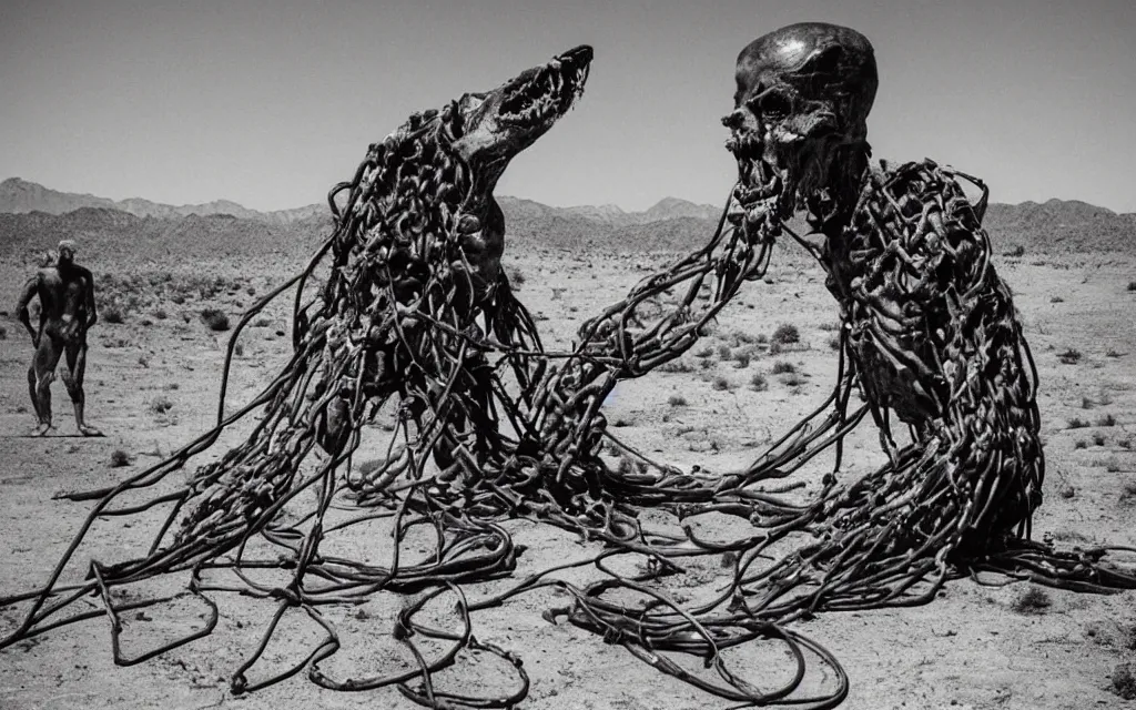 Prompt: in the desert a bloody gross horrifying the thing creature made of muscle and bone and blood stares at the camera, hundreds of black cables and wires wrap around the bodies, the drool comes out of the rotting bodies, eating, mid day, 3 5 mm photography, realistic,