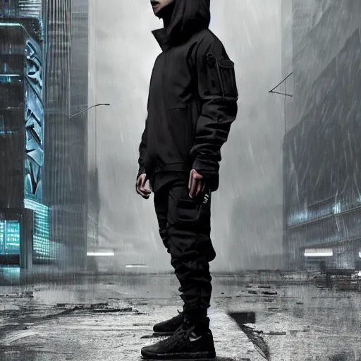 Image similar to A broad shouldered, muscular man in a Acronym Riot Division Nike techwear outfit, wearing black Acronym P31-ds pants, beige-earth Parka jacket, trending on r/techwearclothing, high quality, digital art, dirty cyberpunk city, rain, greg rutkowski