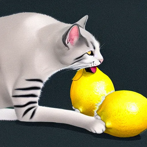 Image similar to a cat eating a lemon in disgust, photorealistic, 4K