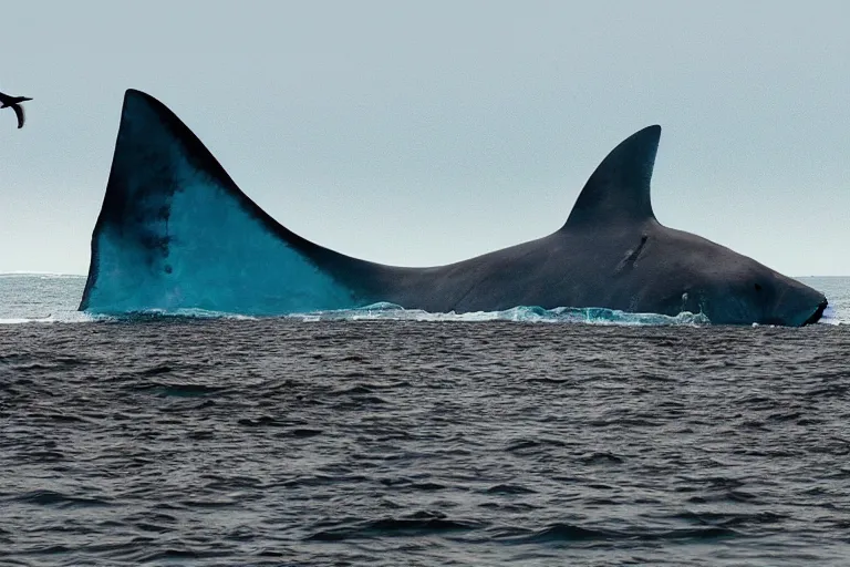 Image similar to huge megalodon washed upon the shore, people watching