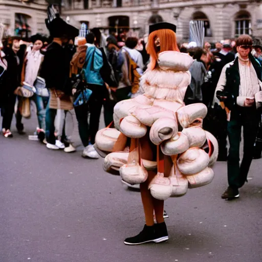 Prompt: street photography during paris fashion week of smug attendees wearing ridiculous costumes and thinking they are fashionable. 5 0 mm f 5. 6 hassleblad